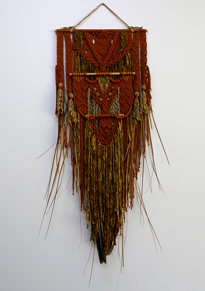 Jessica Orr, River Banks, 2019. Luxe cotton rope, jute twine, sari silk ribbon, ethically found feathers, Tasmanian oak dowel.