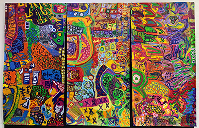 Christie Centre ArtRageUs Artists, Collaboration: Coming together, 2019. Acrylic paint on canvas.